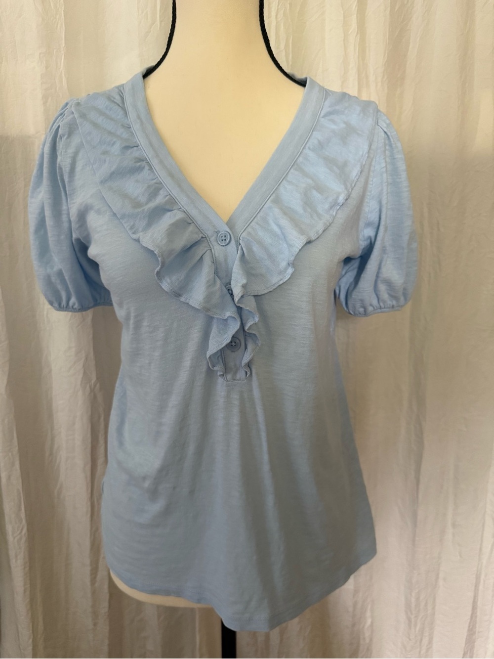 LOFT Baby Blue Ruffle Henley Top Small Cotton Puff Sleeve Feminine Cottagecore